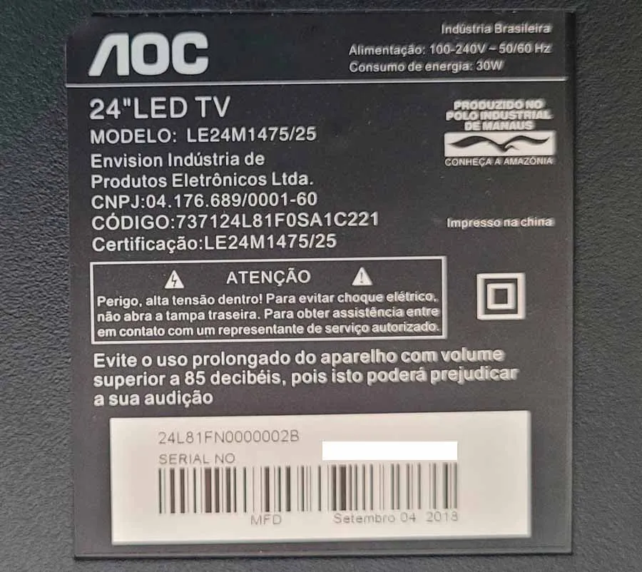 Etiqueta do televisor que efetuei a gravação Produto da gravação